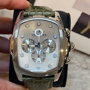 Invicta Lupah Chronograph 10007 Silver Dial Green Leather Strap